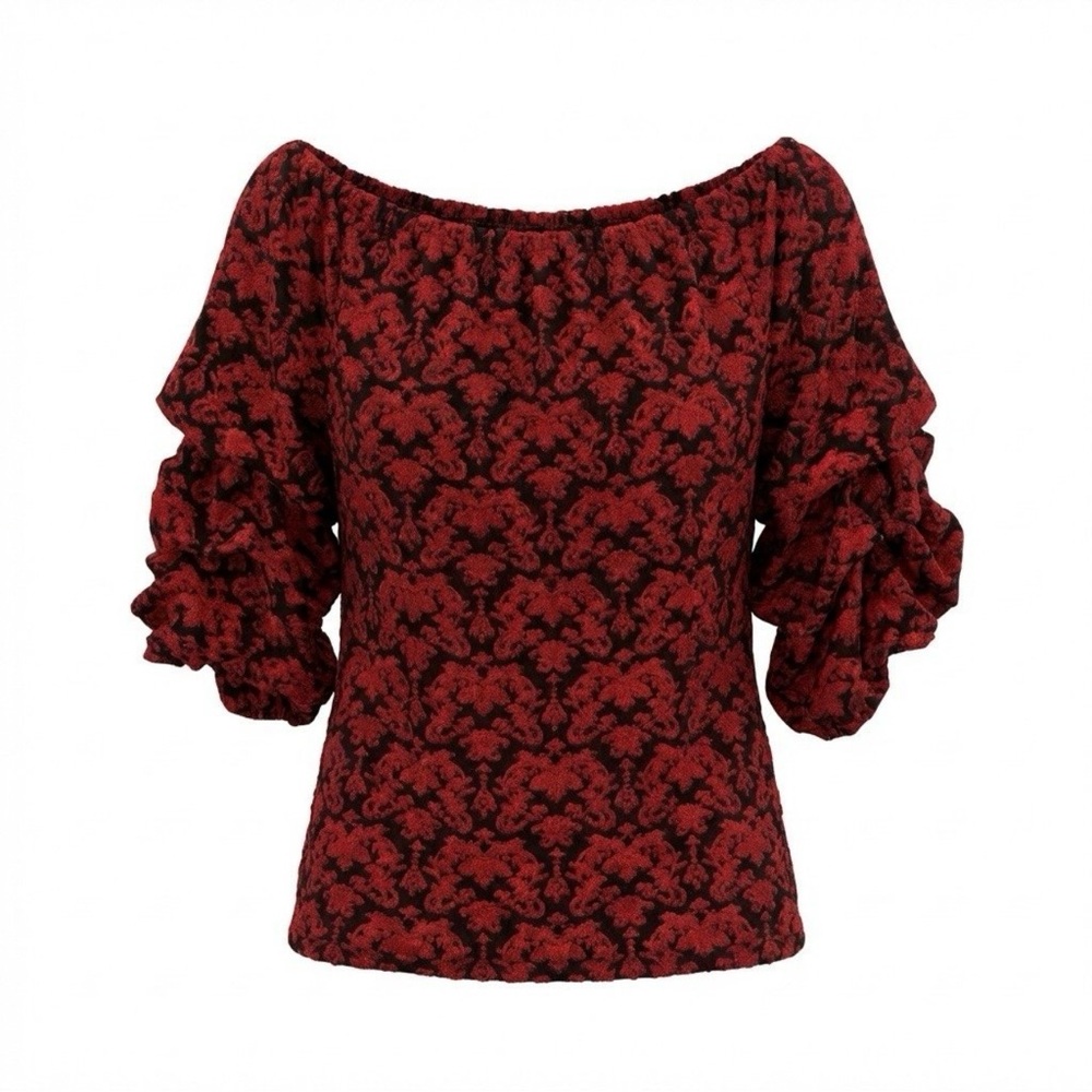 RARE Coco Bianco Red Textured Jacquard Puff Sleeve Off-The-Shoulder Blouse Top